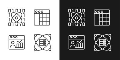 icônes parfaites de pixels linéaires d'exploration de données scientifiques définies pour le mode sombre et clair. outils de recherche virtuelle. système d'ingénierie. symboles de lignes fines personnalisables. illustrations vectorielles isolées vecteur