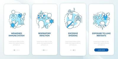 facteurs conduisant à l'écran de la page de l'application mobile d'intégration de la pneumonie. Procédure pas à pas d'immunité faible Instructions graphiques en 4 étapes avec concepts. modèle vectoriel ui, ux, gui avec illustrations couleur linéaires