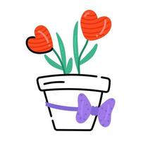 plante en pot avec coeurs et ruban, icône plate du pot cadeau vecteur