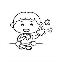 mignon petit garçon jouant au puzzle. assis à jouer. tenant un puzzle. illustration de vecteur de dessin animé. livre de coloriage.