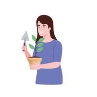 femme avec plante en pot vecteur