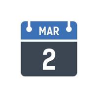 icône du calendrier du 2 mars, icône de la date vecteur