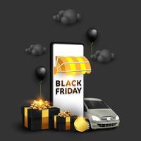 illustration de la bannière du vendredi noir, avec smartphone, coffret cadeau et voiture, pour le marketing numérique vecteur