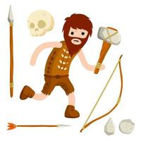 homme des cavernes primitif. chasseur préhistorique. dessin animé plat. lance, crâne et arc. vecteur