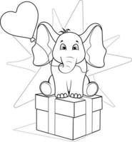 coloriage. mignon éléphant avec ballon coeur est assis sur une boîte cadeau vecteur