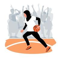 une fille musulmane dans un hijab traditionnel noir dribble une balle orange dans un jeu d'équipe. match de basket, silhouettes dans les tribunes.