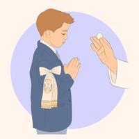 petit garçon reçoit l'eucharistie lors de sa première communion vecteur