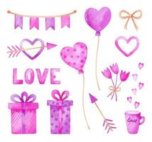 aquarelle de la saint-valentin sertie de ballons roses et violets, cadeaux, guirlandes, fleurs, flèches et coeurs. conception romantique festive. parfait pour votre projet, cartes de voeux, couvertures, autocollants, décor. vecteur