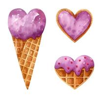 aquarelle de la saint-valentin sertie de desserts en forme de coeur. crème glacée aux baies dans un cône de gaufre, gaufre avec glaçage violet et pépites, biscuits à la confiture de baies. parfait pour les cartes postales, les impressions, la décoration, le menu. vecteur