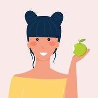 fille mange une pomme verte. alimentation diététique, mode de vie sain, collation végétarienne, régime alimentaire cru. goûter étudiant. illustration vectorielle vecteur