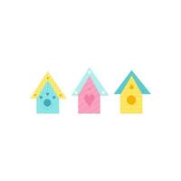ensemble de nichoirs mignons. petites maisons d'oiseaux lumineuses décorées de coeurs. illustration vectorielle vecteur