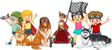 enfants avec leurs chiens en style cartoon vecteur