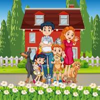 scène extérieure avec une famille heureuse et des chiens