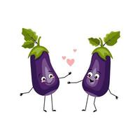 caractère d'aubergine avec émotions d'amour, visage souriant, bras et jambes. personne avec une expression heureuse, émoticône végétale. illustration vectorielle plate vecteur