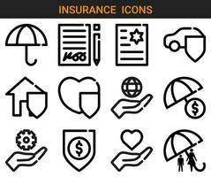 ensemble d'icônes vectorielles sur le thème de l'assurance - assurance vie, automobile, santé, entreprise, habitation, financière, globale, technique. vecteur