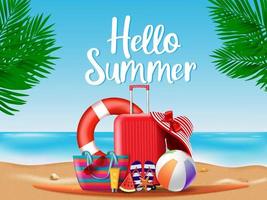 concept de vecteur de saison estivale. bonjour été salutation texte wummer vacances voyage éléments de bagages, chapeau, téléphone portable, sac de plage, lunettes de soleil, pantoufles et crème solaire.