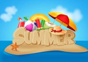 conception de bannière de vecteur de plage d'été. texte d'été dans la typographie de l'île de sable de plage avec des éléments d'été comme le parapluie, le ballon de plage, le chapeau, le jus, la noix de coco, la crème glacée et l'étoile de mer sur fond de ciel bleu.