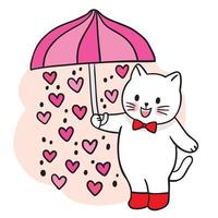 chat mignon de dessin animé et petit vecteur de coeur et de parapluie.