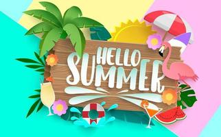bonjour conception de concept de vecteur d'été. bonjour texte d'été avec des éléments colorés comme le palmier, les feuilles, le parapluie et le flamant rose pour le fond de la saison des vacances tropicales. illustration vectorielle