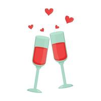 deux verres à vin et coeurs, icône symbole romantique isolé sur fond blanc. célébration, rencontre ou anniversaire de la saint-valentin. élément de conception ou clipart dans un style plat. illustration vectorielle vecteur