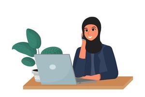 femme arabe en hijab sur le lieu de travail parlant par téléphone et souriant isolé sur illustration vectorielle stock fond blanc. employeur d'entreprise, gestionnaire avec ordinateur portable. . illustration vectorielle vecteur