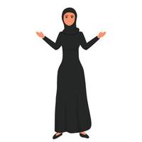 femmes musulmanes en hijab pleine longueur souriant en robe noire traditionnelle et ethnique isolée sur fond blanc. geste féminin élégant, style cartoon, positif. illustration vectorielle vecteur