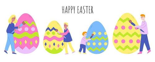 de minuscules personnes peignent des œufs de Pâques. joyeuses Pâques. le concept de préparation pour pâques, célébrant pâques avec toute la famille. illustration vectorielle en style cartoon. vecteur