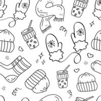 motif de doodle de vêtements d'hiver. bonnet et écharpe d'accessoires tricotés pour l'hiver, mitaines et café chaud à emporter. fond de vecteur dessiné à la main. contour noir sur fond blanc.