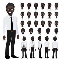 personnage de dessin animé avec un homme d'affaires afro-américain en chemise intelligente pour l'animation. avant, côté, arrière, 3-4 caractères de vue. parties distinctes du corps. illustration vectorielle plane. vecteur
