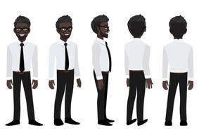 personnage de dessin animé avec un homme d'affaires africain américain dans une chemise intelligente pour l'animation. avant, côté, arrière, personnage animé 3-4 vues. illustration vectorielle plane. vecteur