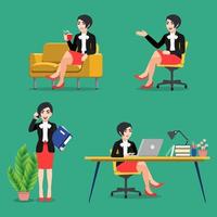 personnage de dessin animé avec ensemble de poses de femme d'affaires. gens d'affaires travaillant, assis au bureau et utilisant un ordinateur portable sur fond vert, vecteur d'icône plate