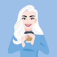 personnage de dessin animé de dame en vêtements d'automne et d'hiver avec une tasse de café dans les mains sur illustration vectorielle fond bleu vecteur