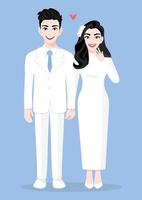 couple d'amoureux le jour du mariage sur fond bleu. personnage de dessin animé de la saint-valentin et vecteur de dessin abstrait