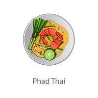 vue de dessus de la nourriture populaire de thaïlande, pad thai, en vecteur de dessin animé