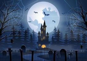 fond d'halloween avec scène de cimetière et de château le soir d'halloween vecteur