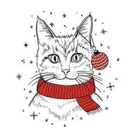 chaton mignon avec boule de noël. chat marrant. l'illustration de noël peut être utilisée pour les cartes de voeux, les livres à colorier, les cahiers et la papeterie. vecteur