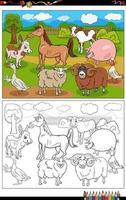 page de livre de coloriage de groupe d'animaux de ferme de dessin animé drôle vecteur