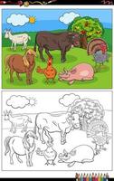 Page de livre de coloriage de groupe d'animaux de ferme de dessin animé vecteur