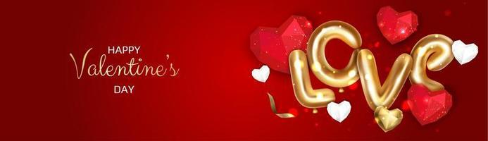 bannière créative romantique de la saint-valentin heureuse, en-tête horizontal pour le site Web. arrière-plan coeur 3d réaliste. vecteur
