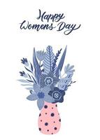 bonne fête des femmes le 8 mars jolie carte pour les vacances de printemps. illustration vectorielle d'une date, d'une femme et d'un bouquet de fleurs. vecteur