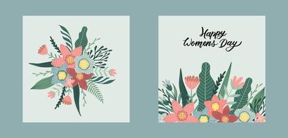 bonne fête des femmes 8 mars cartes mignonnes pour les vacances de printemps. illustration vectorielle d'une date, d'une femme et d'un bouquet de fleurs. vecteur