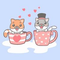 dessin animé deux de chat mignon assis dans la tasse vecteur
