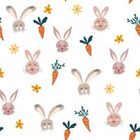 lapins carottes et fleurs modèle sans couture. visages de lièvres mignons. fond d'enfants. printemps. joyeuses Pâques. idéal pour les dépliants de décoration, les bannières, les fonds d'écran, les produits d'impression vector illustration de dessin animé.