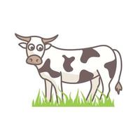 animal de personnage de dessin animé mignon de vache, avec de l'herbe verte, vecteur de conception de style kawaii plat