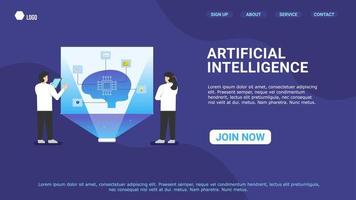les scientifiques masculins et féminins discutent de l'intelligence artificielle. technologie future. page de destination vecteur