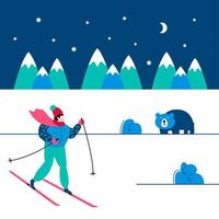 ski de sports d'hiver. une personne est skieur sur le versant de la montagne en hiver. paysage de montagnes avec fond d'ours polaire. illustration de dessin animé de vecteur plat, géométrique et minimalisme