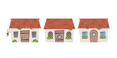 ensemble de petites maisons de fées. bâtiment en pierre avec fenêtres, porte et toit. style bande dessinée. pour la conception de jeux, de cartes postales et de livres. isolé sur fond blanc. illustration vectorielle. vecteur