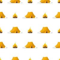 modèle sans couture avec tente jaune et feu de joie. bon sur le thème du voyage et du camping. vecteur. vecteur