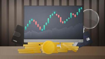 moniteur avec affichage des cotations boursières, pièces d'or, carte bancaire, pièce et loupe. concept de négociation d'investissement en bourse. illustration vectorielle. vecteur