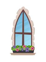vieille fenêtre avec fleurs et revêtement en pierre. style bande dessinée. illustration vectorielle. vecteur